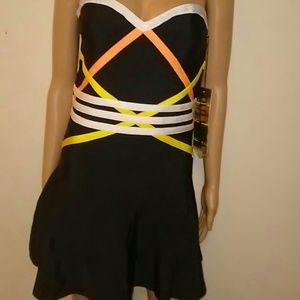 Sexy Strapless Black Dress with Colorful Detail